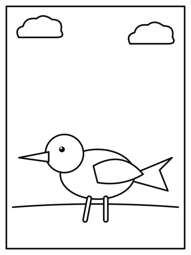 Crow coloring page for kids: a clever crow standing on the grass