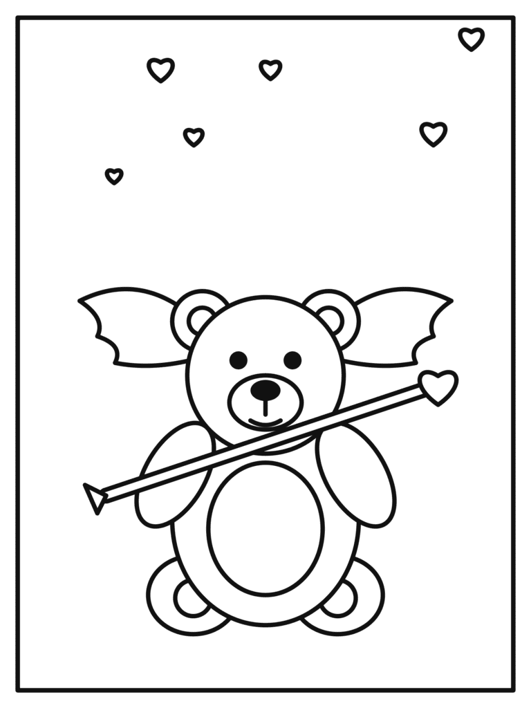 Cupid Bear with Wings coloring page for kids: a little teddy bear dressed as Cupid with wings and a heart arrow