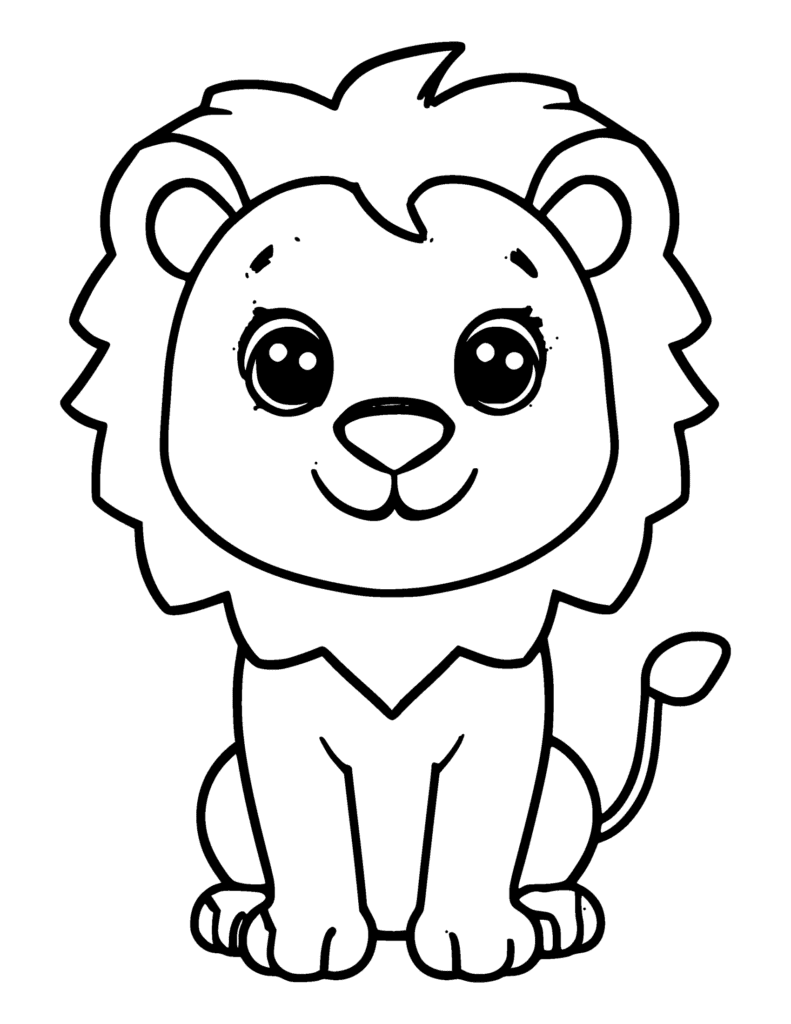 Cute Cartoon Lion coloring page for kids: a simple cartoon lion with a round mane