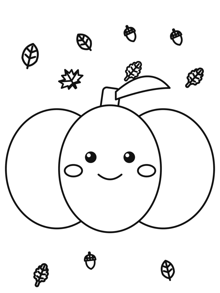Cute Pumpkin coloring page for kids: a smiling pumpkin with rosy cheeks and a curly leaf