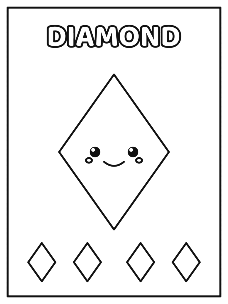 Diamond Shape coloring page for kids: a big smiling diamond and four little diamonds to color while learning shapes