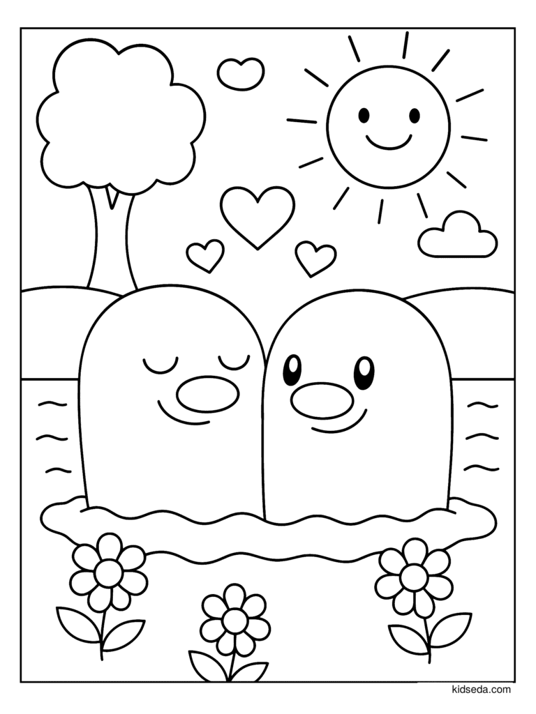 Diglett in Love coloring page for kids: two Diglett in love with flowers, hearts and the sun