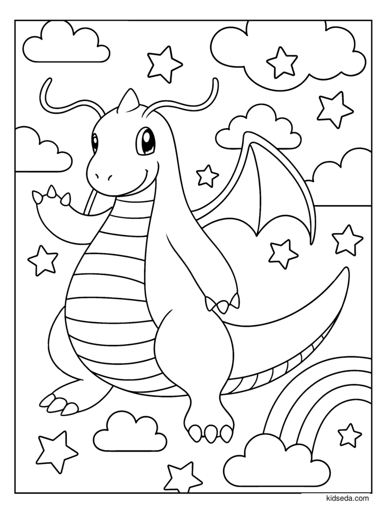 Dragonite and the Rainbow coloring page for kids: Dragonite in the sky with stars, clouds and a rainbow