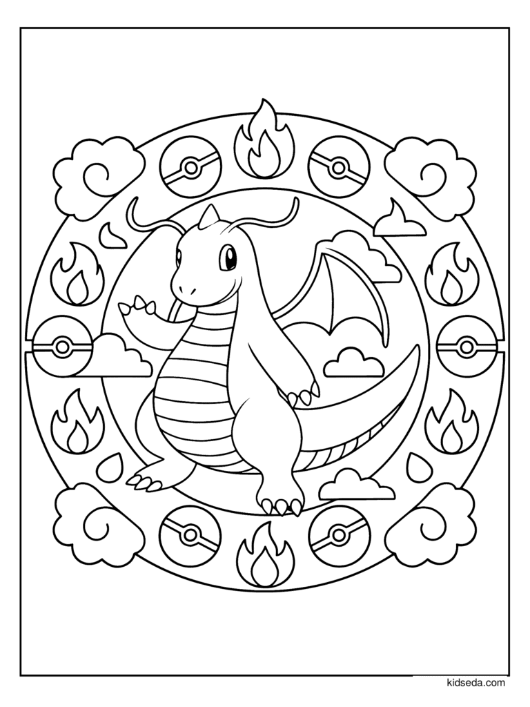 Dragonite Mandala coloring page for kids: Dragonite in a mandala with flames and Poké Balls