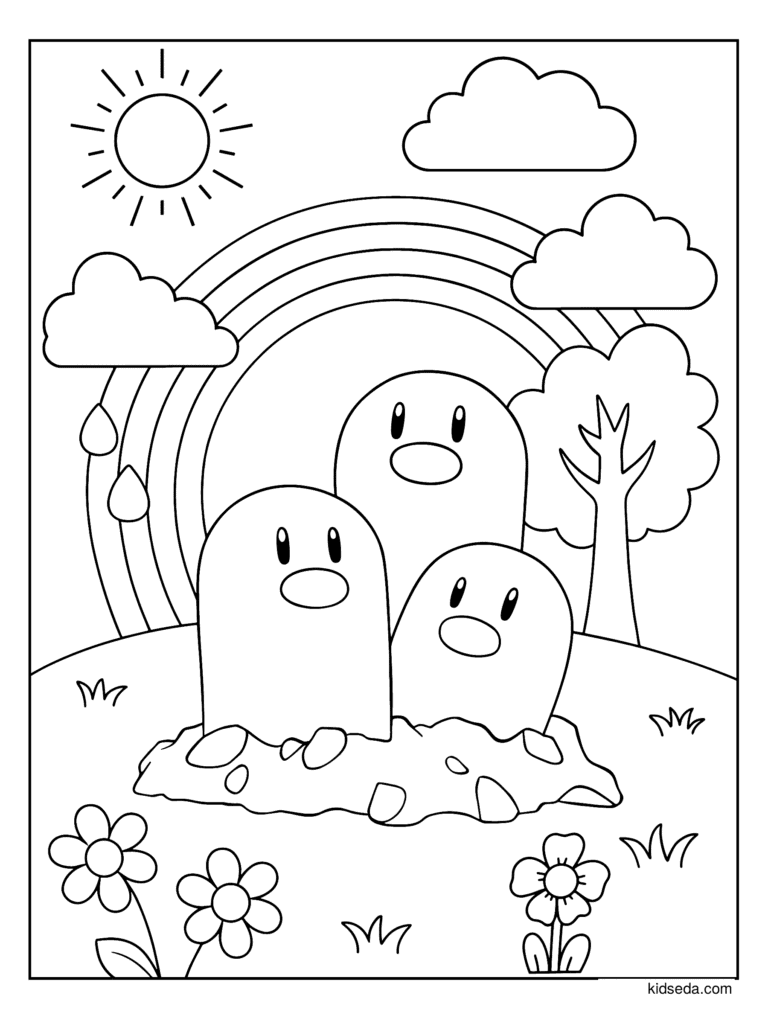 Dugtrio Under a Rainbow coloring page for kids: Dugtrio popping up on a hill with a rainbow and flowers