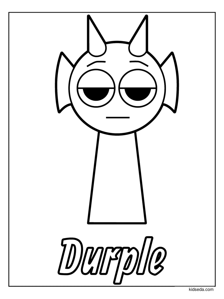 Durple the Sprunki coloring page for kids: Durple with little horns and a grumpy face
