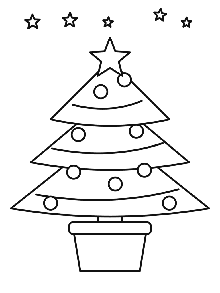 Easy Christmas Tree coloring page for kids: a Christmas tree with a star, ornaments and a garland in a pot