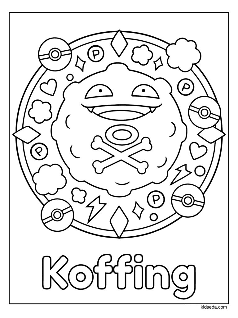 Easy Koffing Mandala coloring page for kids: Koffing in a simple mandala with Poké Balls and its name below