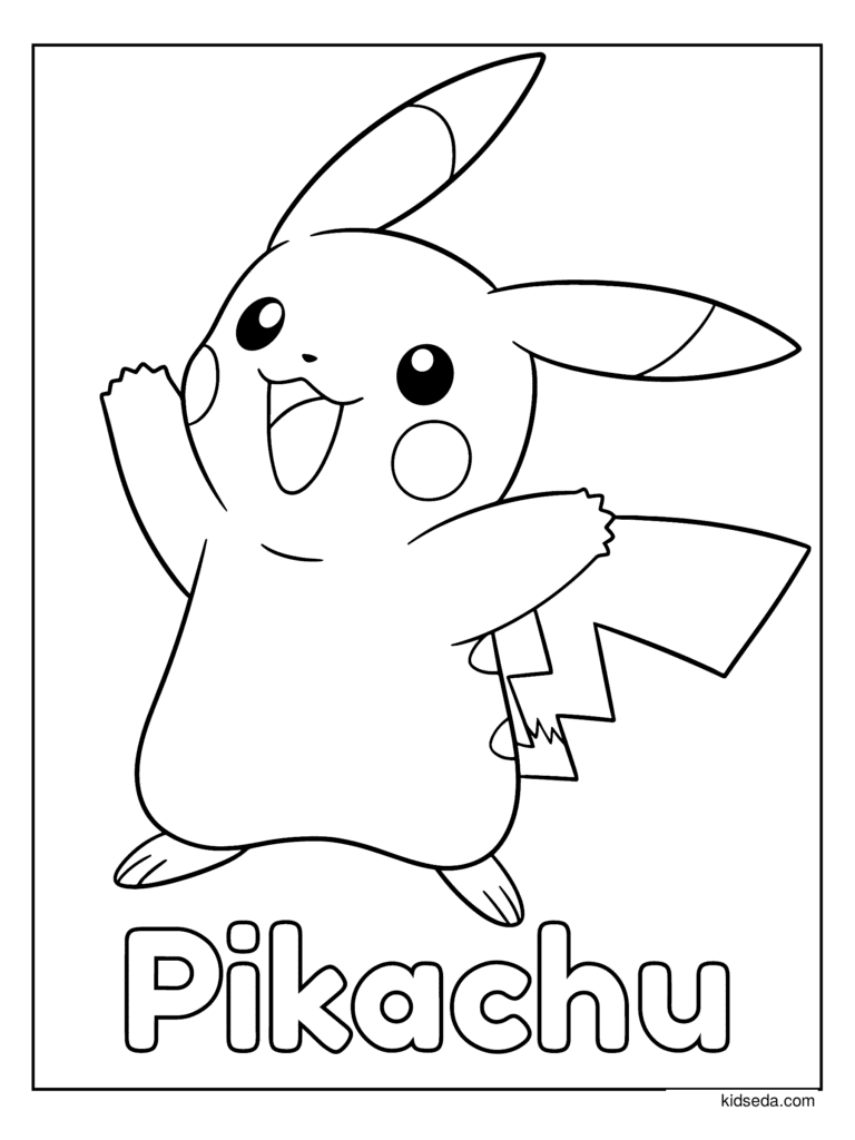 Easy Pikachu with Its Name coloring page for kids: a big simple Pikachu with its name below
