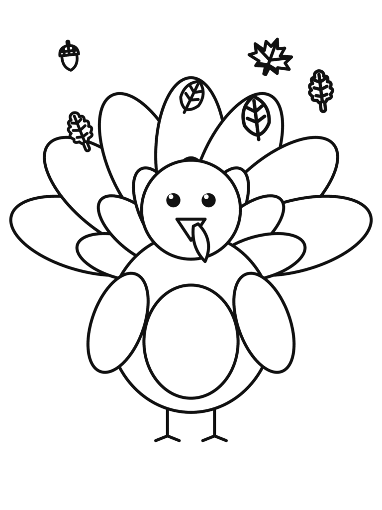 Easy Turkey coloring page for kids: a big, friendly turkey with a fan of tail feathers