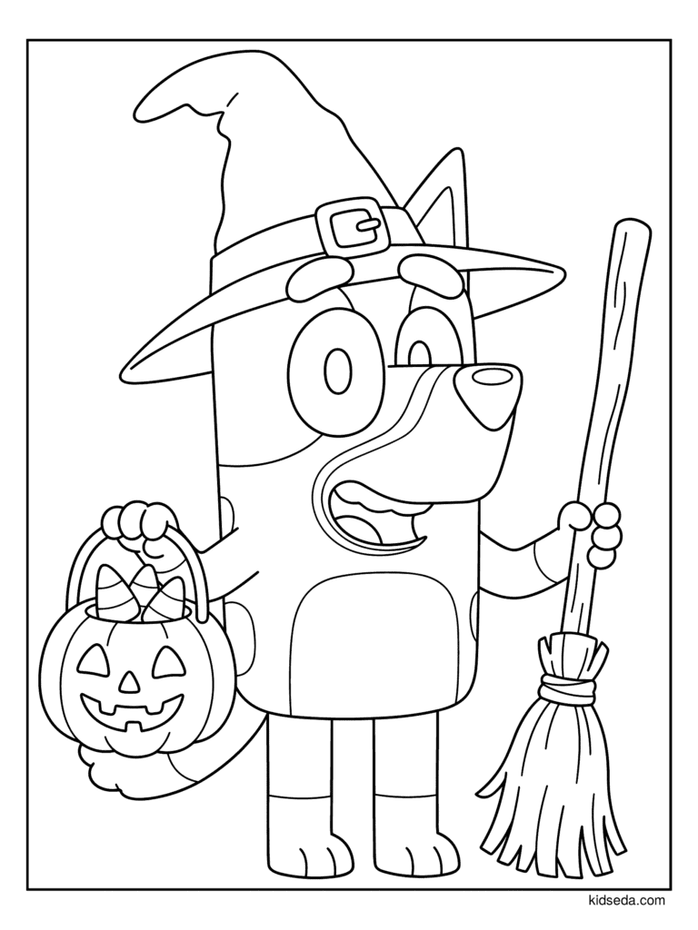 Easy Witch Bluey coloring page for kids: Bluey in a witch hat holding a broom and a pumpkin candy bucket