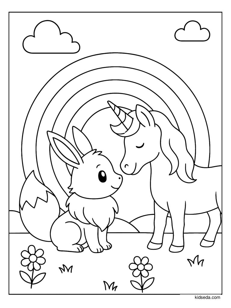 Eevee and a Unicorn coloring page for kids: Eevee sitting beside a unicorn under a rainbow with flowers