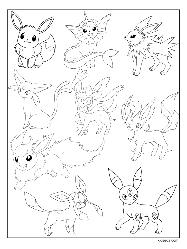 Eevee and All Its Evolutions coloring page for kids: Eevee with Vaporeon, Jolteon, Flareon, Espeon, Umbreon, Leafeon, Glaceon and Sylveon