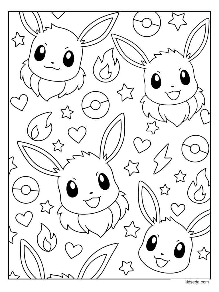 Eevee Faces Wallpaper coloring page for kids: Eevee heads with fire, stars, hearts and Poké Balls