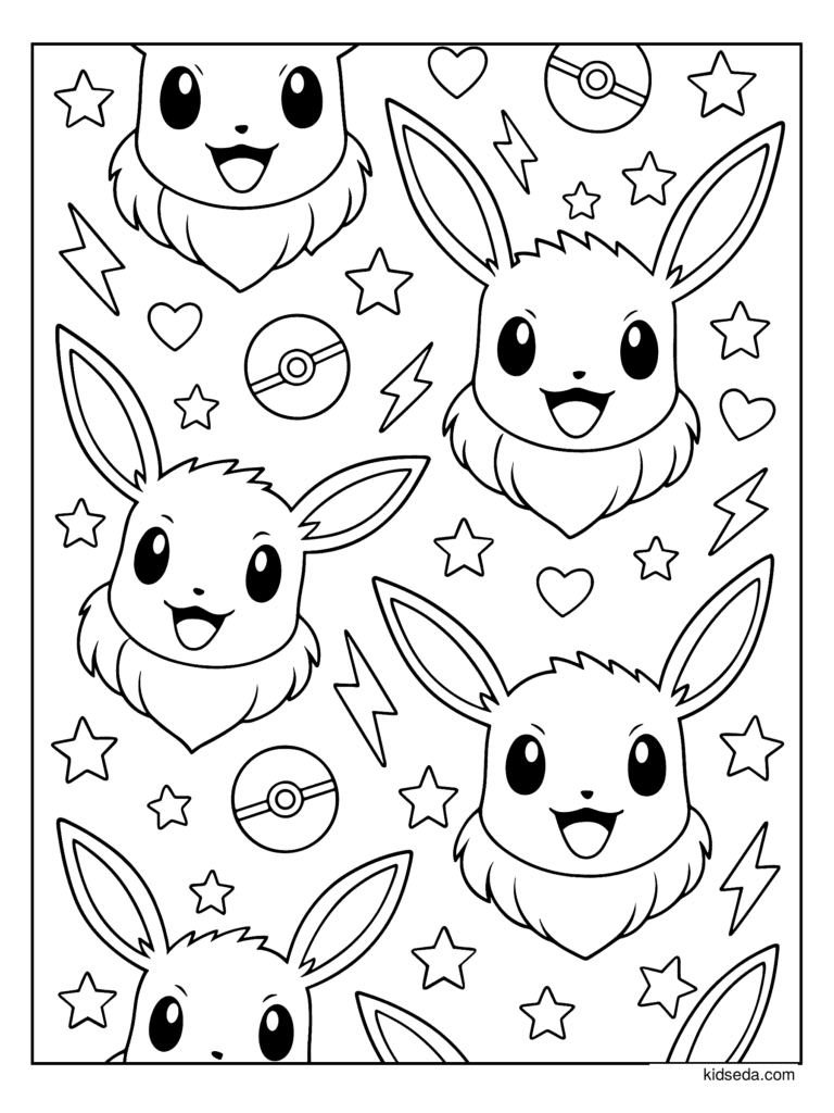 Eevee Heads Wallpaper coloring page for kids: a pattern of happy Eevee heads with hearts and stars