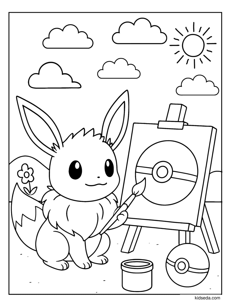 Eevee Painting a Poké Ball coloring page for kids: Eevee painting a Poké Ball picture on an easel
