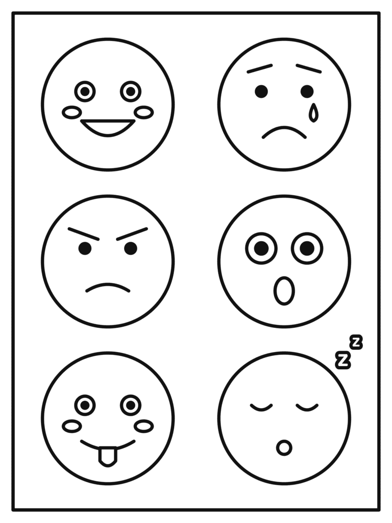 Emotions Faces coloring page for kids: six emotion faces to color: happy, sad, angry, surprised, silly and sleepy