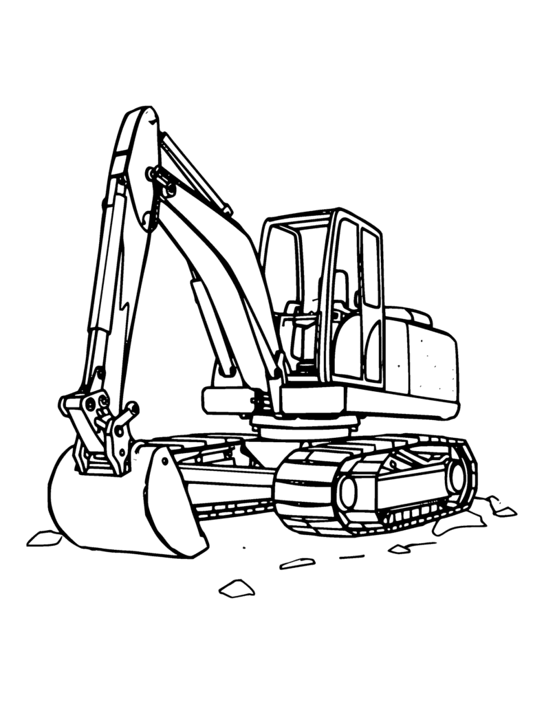 Excavator coloring page for kids: an excavator with a long arm and a bucket