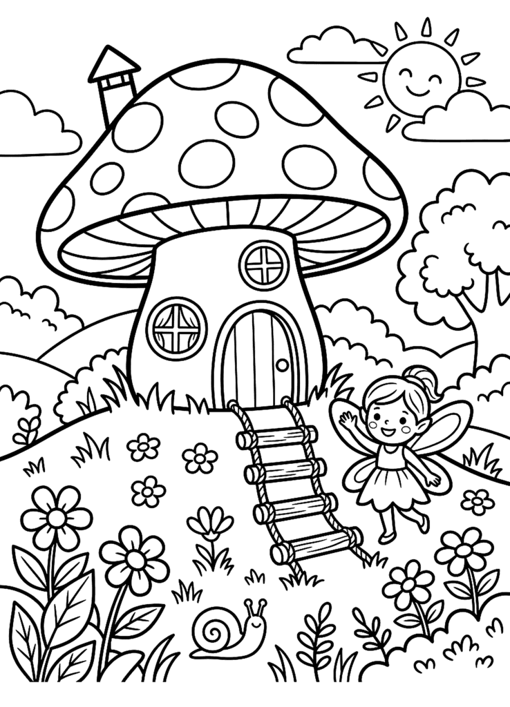 Fairy House in a Mushroom coloring page for kids: a mushroom fairy house with a little fairy, flowers and a snail