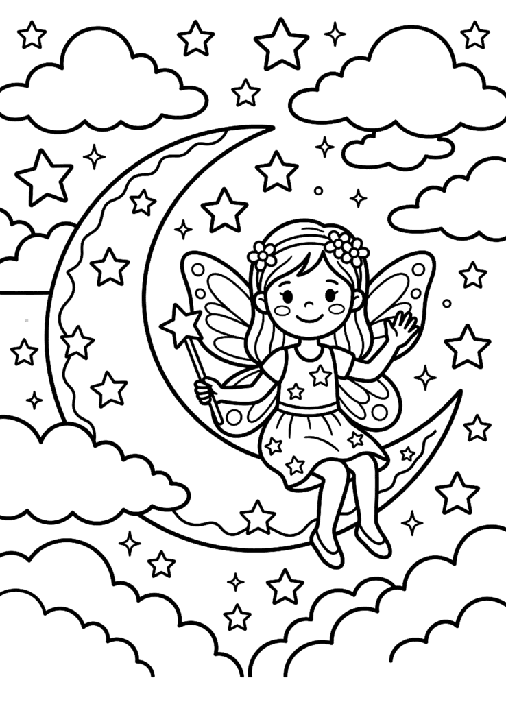 Fairy on the Moon coloring page for kids: a fairy sitting on a crescent moon surrounded by stars