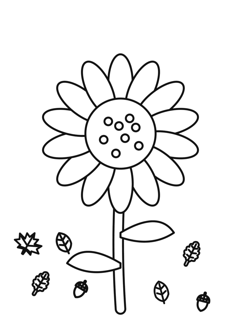 Fall Sunflower coloring page for kids: a tall, sunny sunflower with big petals and leaves
