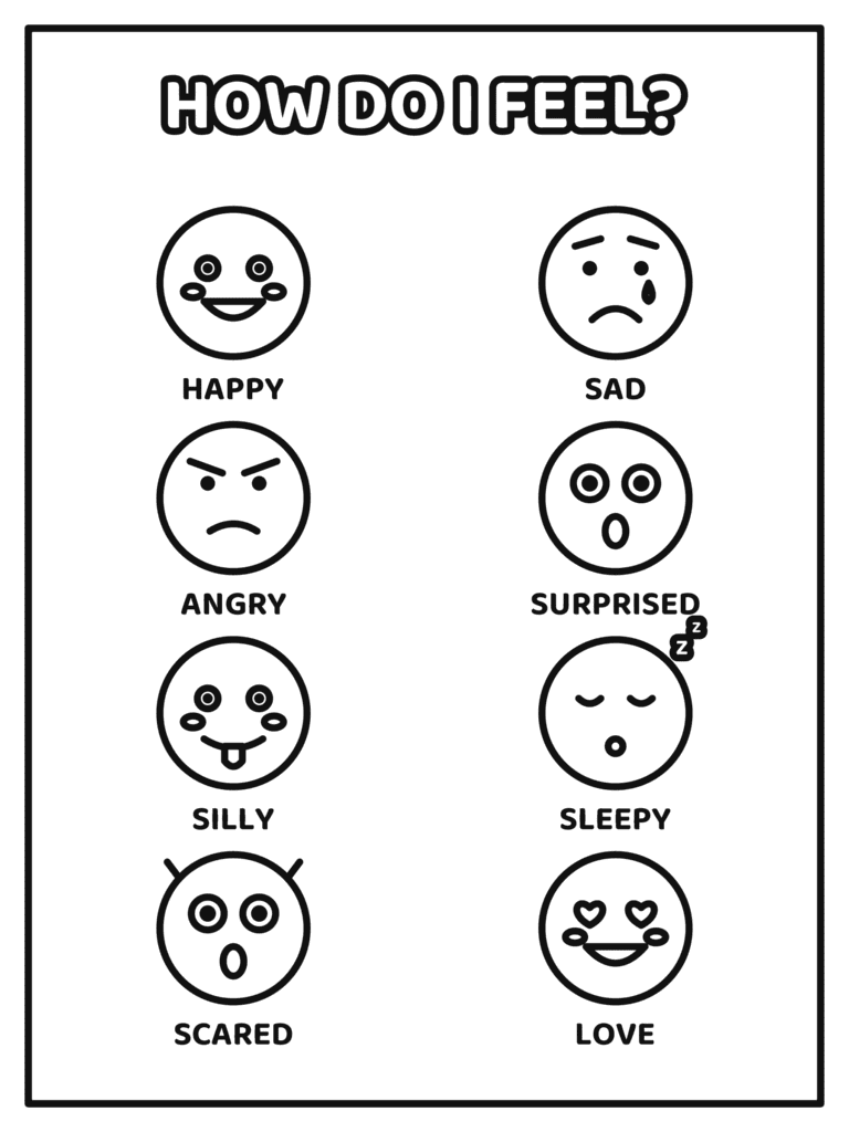 Feelings Chart coloring page for kids: a chart of eight feelings faces with their names for kids