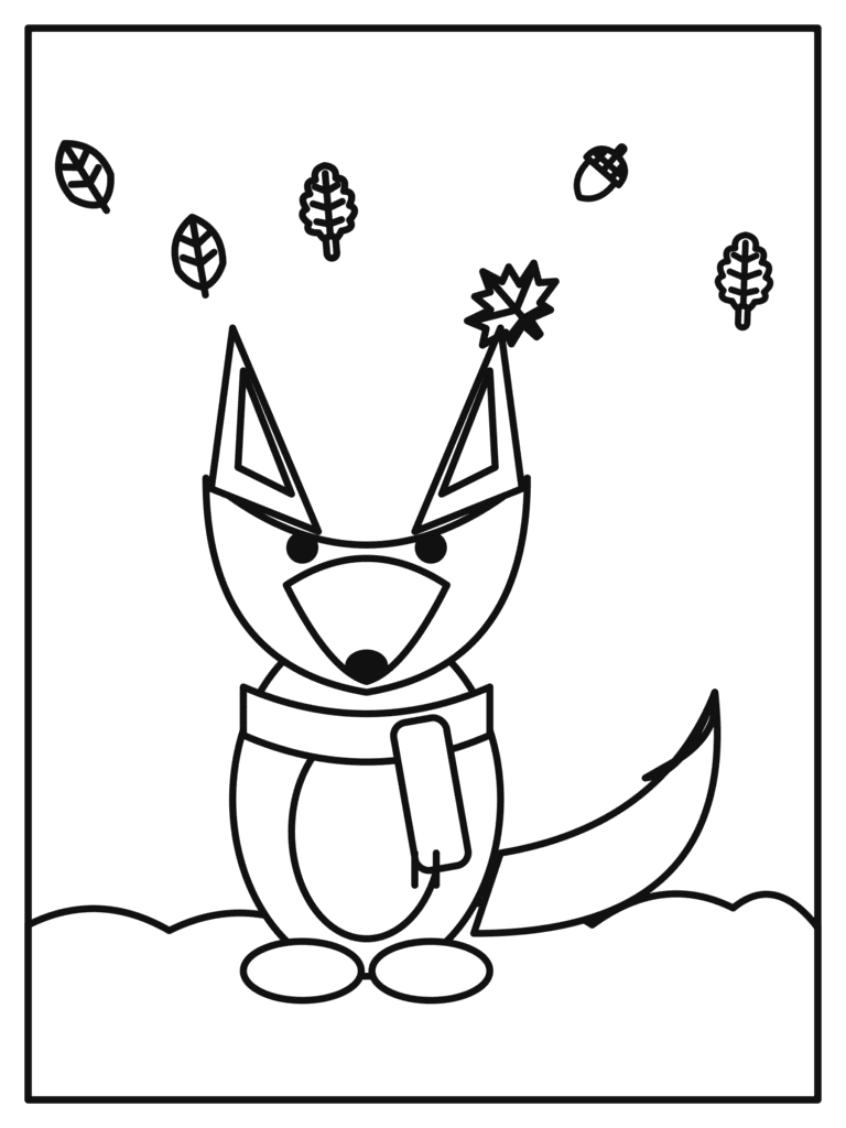 Fox in a Scarf coloring page for kids: a little fox in a cozy scarf on an autumn day