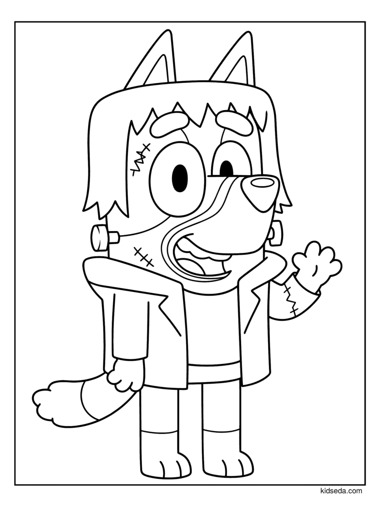 Frankenstein Bluey coloring page for kids: Bluey dressed as a friendly Frankenstein monster with bolts and stitches