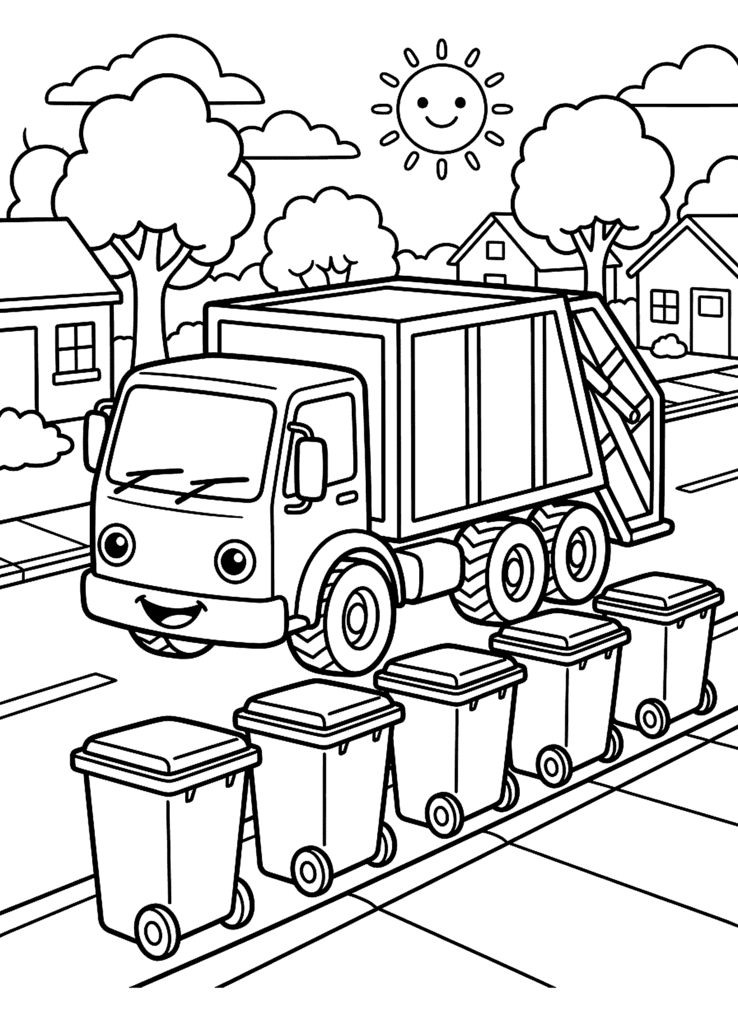 Garbage Truck coloring page for kids: a garbage truck collecting trash bins on the street