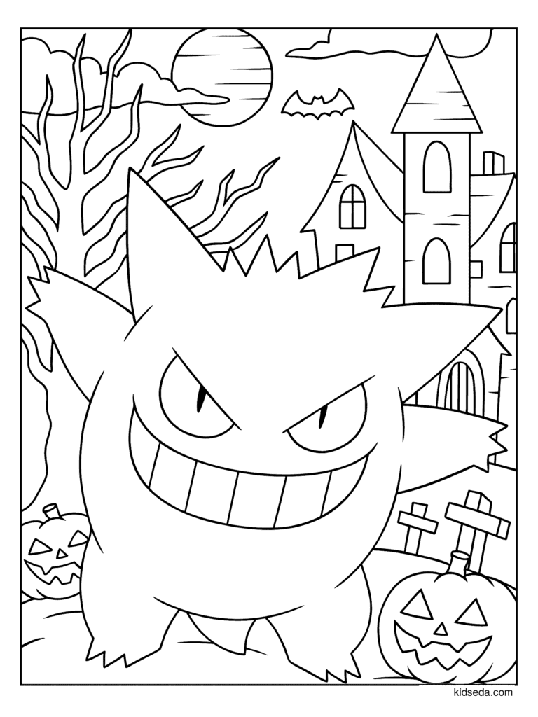 Gengar at the Haunted House coloring page for kids: Gengar in front of a haunted house with jack-o'-lanterns and tombstones
