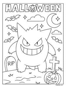 Gengar Halloween Graveyard Coloring Page