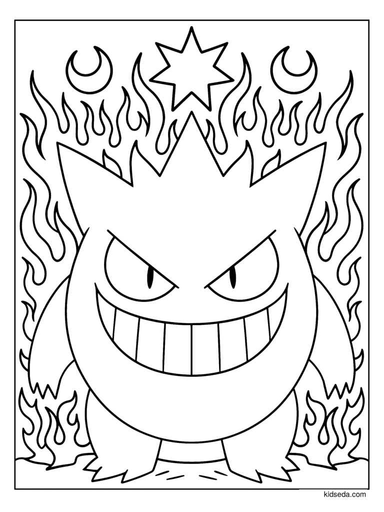 Gengar in the Flames coloring page for kids: Gengar surrounded by flames, stars and crescent moons
