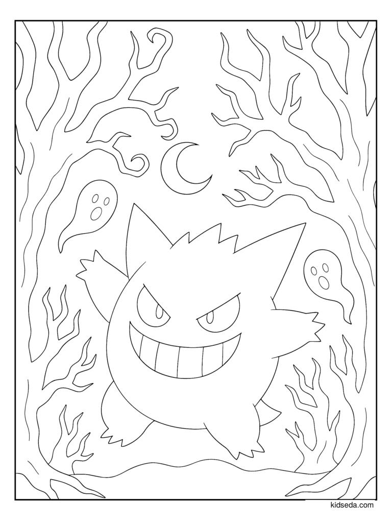 Gengar in the Spooky Forest coloring page for kids: Gengar in a spooky forest with ghosts and the moon