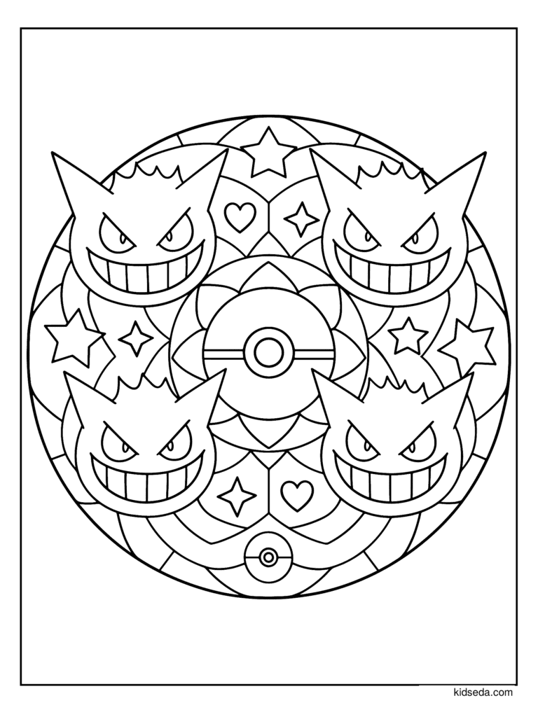 Gengar Mandala coloring page for kids: four Gengar heads in a round mandala with a Poké Ball in the middle
