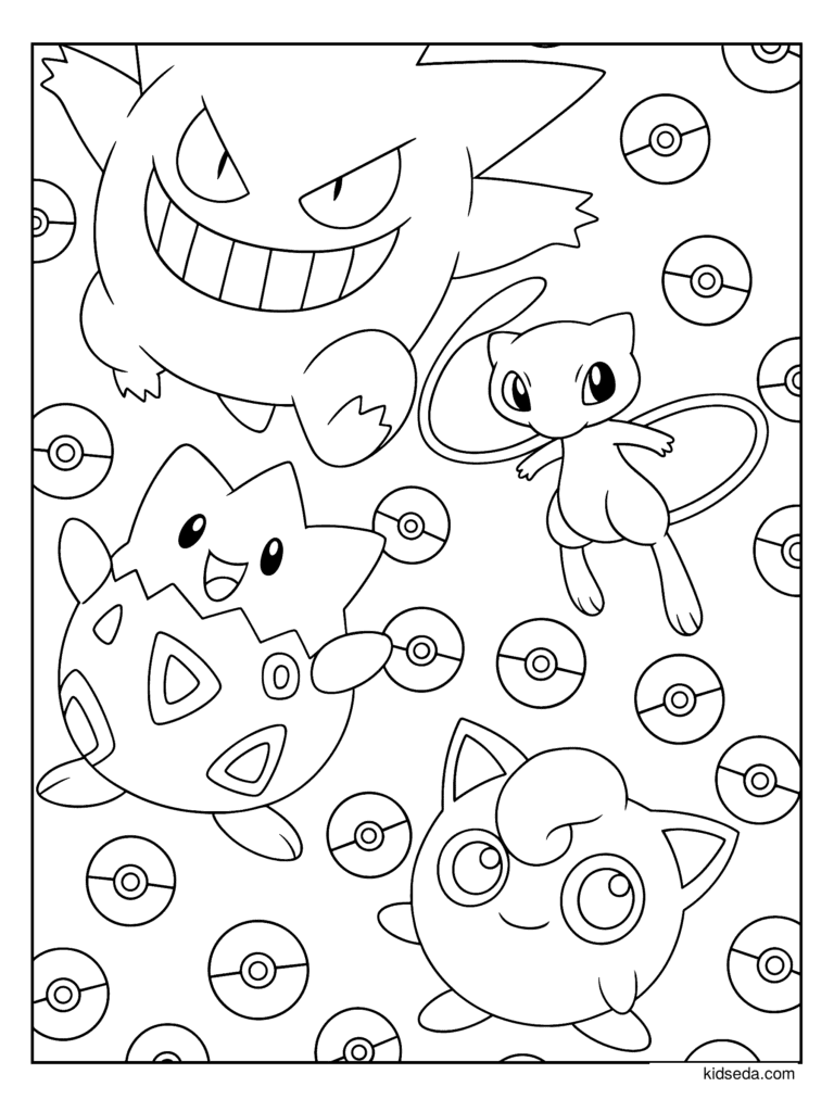 Gengar, Togepi, Mew and Jigglypuff coloring page for kids: Gengar, Togepi, Mew and Jigglypuff with Poké Balls all around