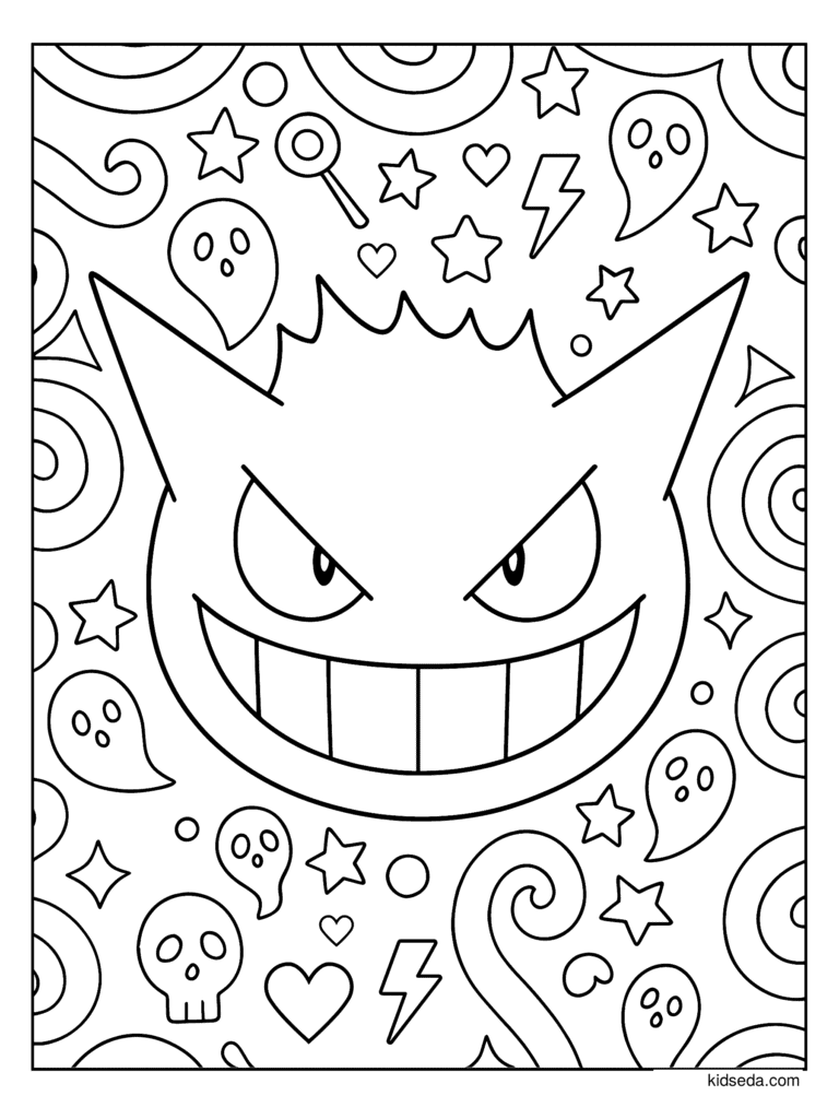 Gengar Wallpaper coloring page for kids: Gengar surrounded by spirals, stars, hearts and ghosts
