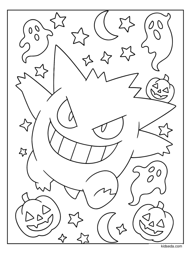Gengar with Ghosts and Pumpkins coloring page for kids: Gengar with ghosts, pumpkins and crescent moons