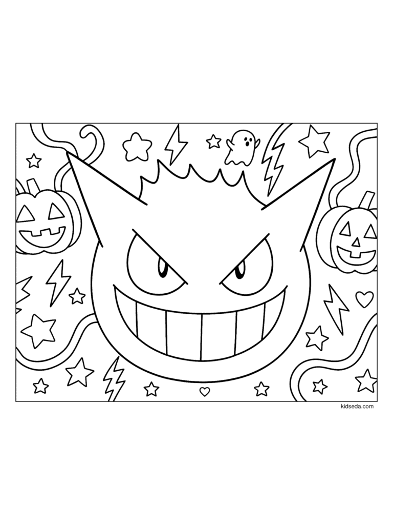 Gengar with Lightning and Pumpkins coloring page for kids: Gengar's big grin surrounded by stars, lightning bolts and pumpkins