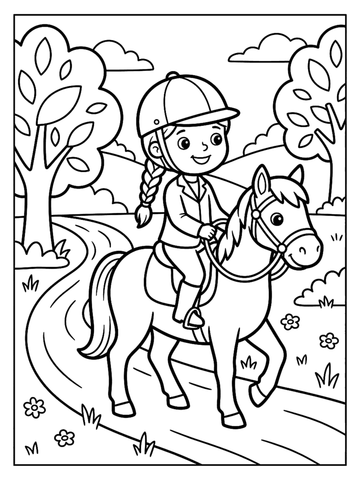 Girl Horse Riding coloring page for kids: a girl in a riding helmet riding her pony along a path