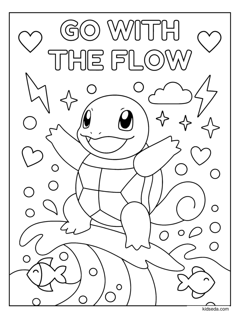 Go with the Flow Squirtle coloring page for kids: Squirtle riding a wave with the words Go with the Flow