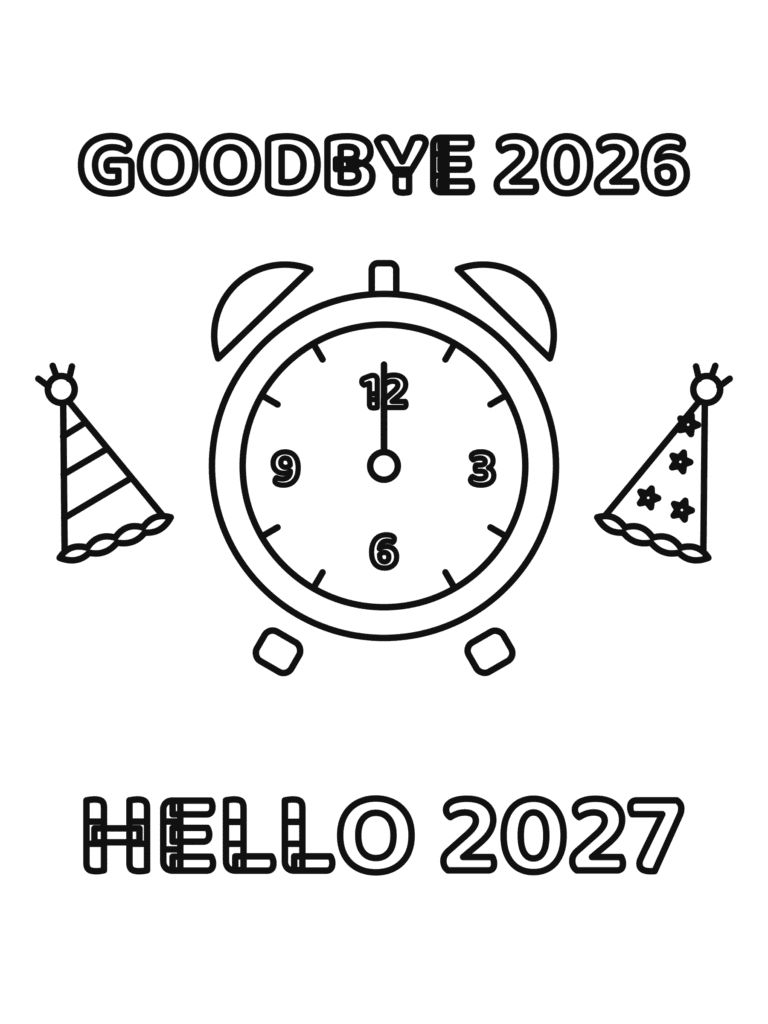 Goodbye 2026 Hello 2027 coloring page for kids: goodbye 2026 and hello 2027 with a clock and party hats