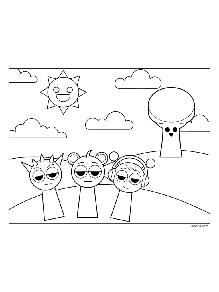 Grumpy Raddy, Sky and Oren coloring page for kids: Raddy, Sky and Oren looking grumpy in a sunny field