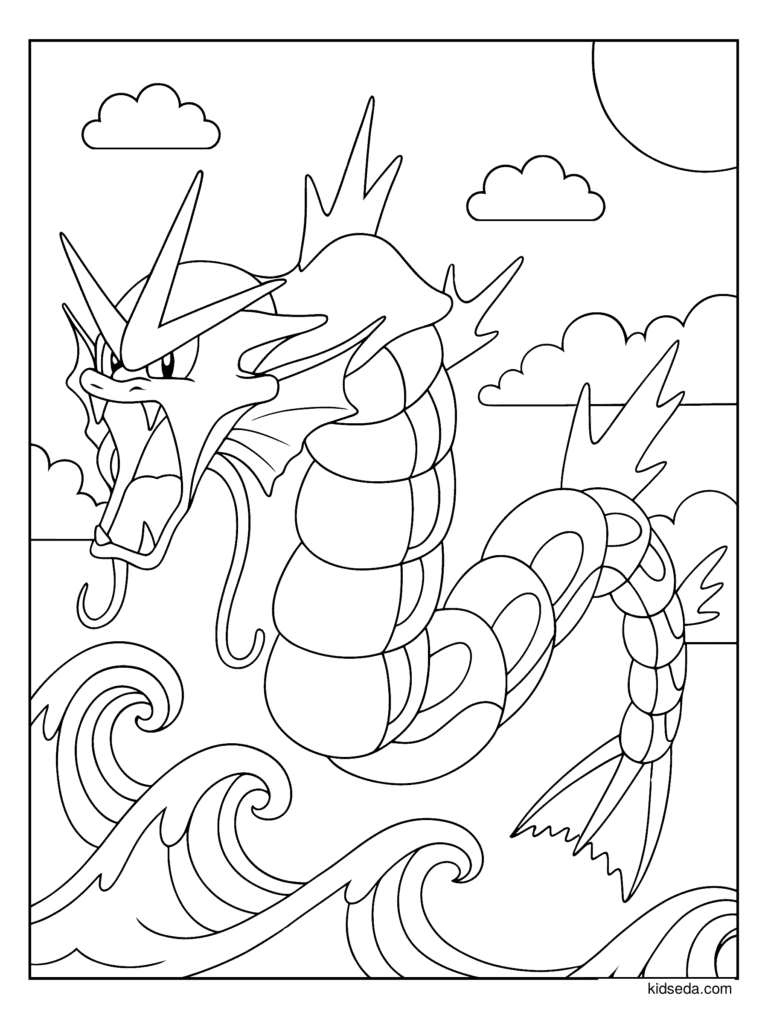 Gyarados in the Waves coloring page for kids: Gyarados rising out of the sea with big waves