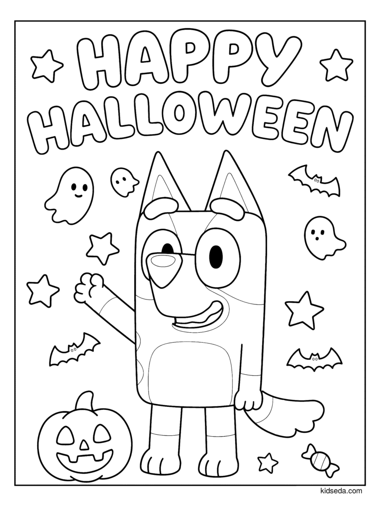Happy Halloween Bluey coloring page for kids: Bluey celebrating Halloween with ghosts, bats, candy and a pumpkin