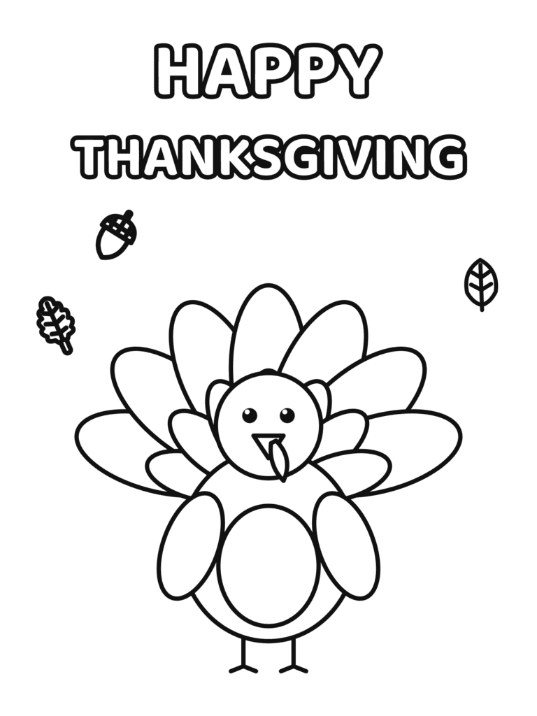Happy Thanksgiving Turkey coloring page for kids: a turkey under big "Happy Thanksgiving" bubble letters