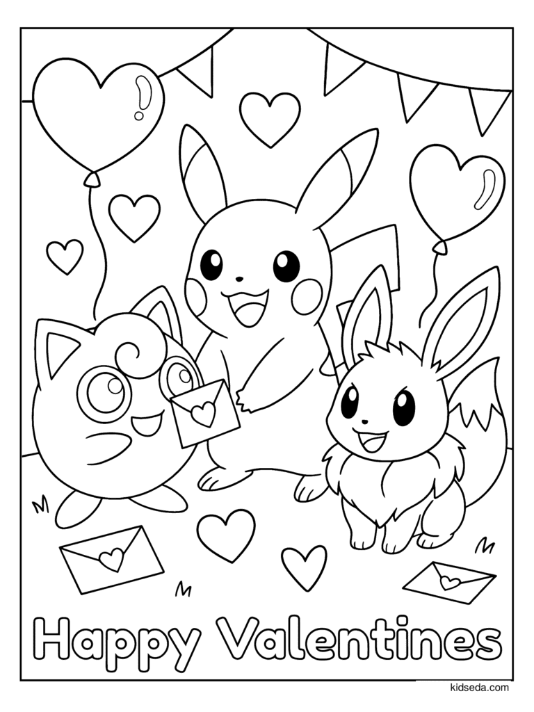Happy Valentines Pokémon coloring page for kids: Pikachu, Jigglypuff and Eevee with hearts and a Happy Valentines sign