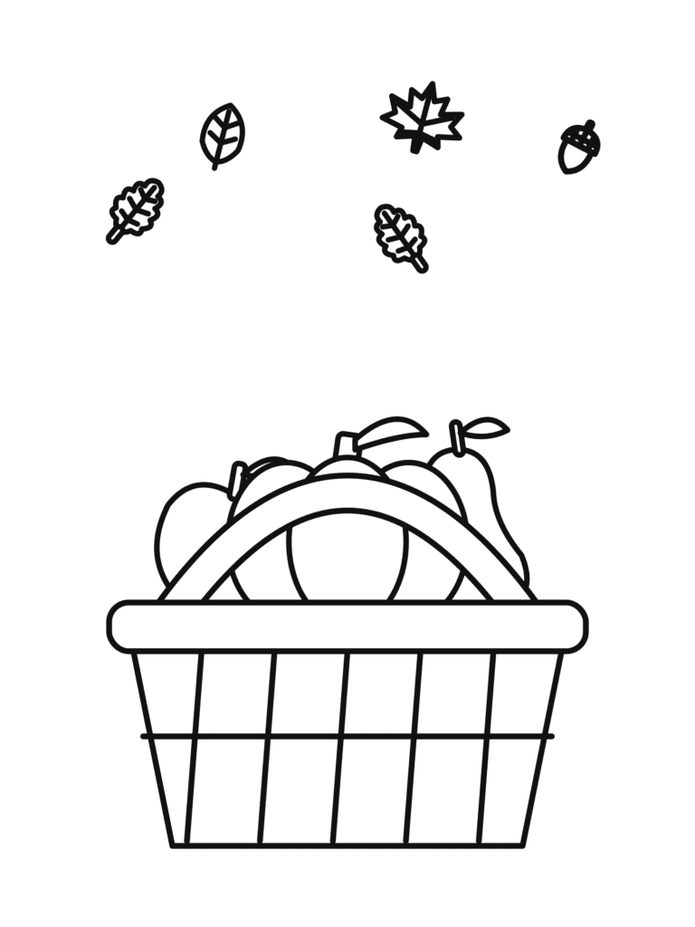 Harvest Basket coloring page for kids: a basket full of apples, pears and a little pumpkin