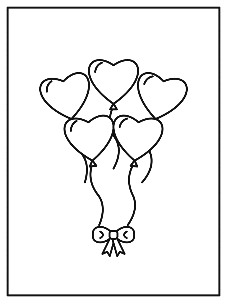 Heart Balloons coloring page for kids: a bunch of heart-shaped balloons tied with a bow