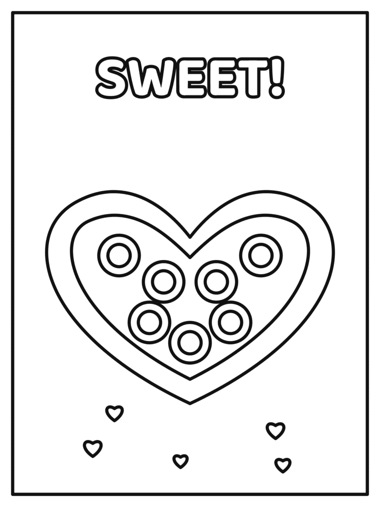 Heart Box of Chocolates coloring page for kids: a heart-shaped box full of chocolates