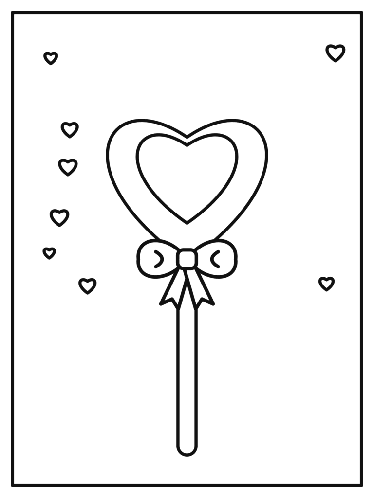 Heart Lollipop coloring page for kids: a heart-shaped lollipop with a bow on the stick